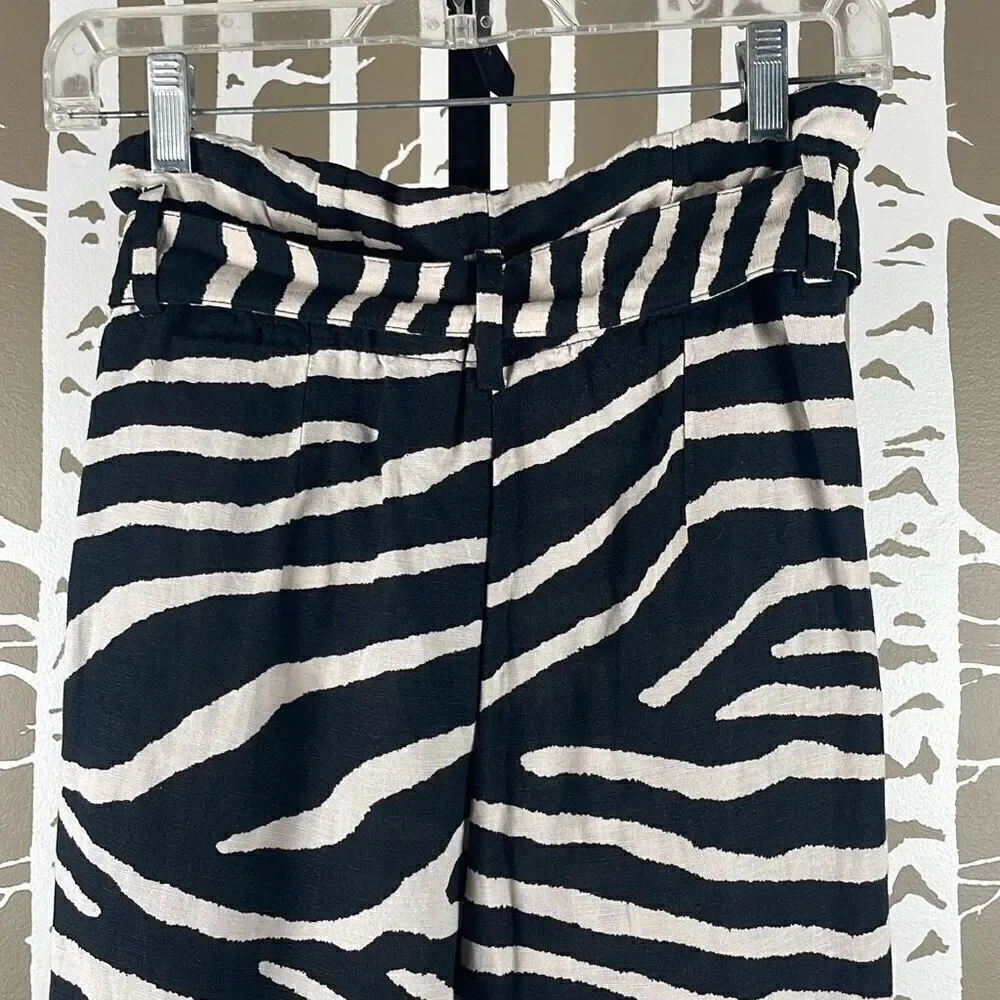 Linen Blend Zebra Print High Rise Paper Bag Waist Tapered Cropped Pants NEW 6